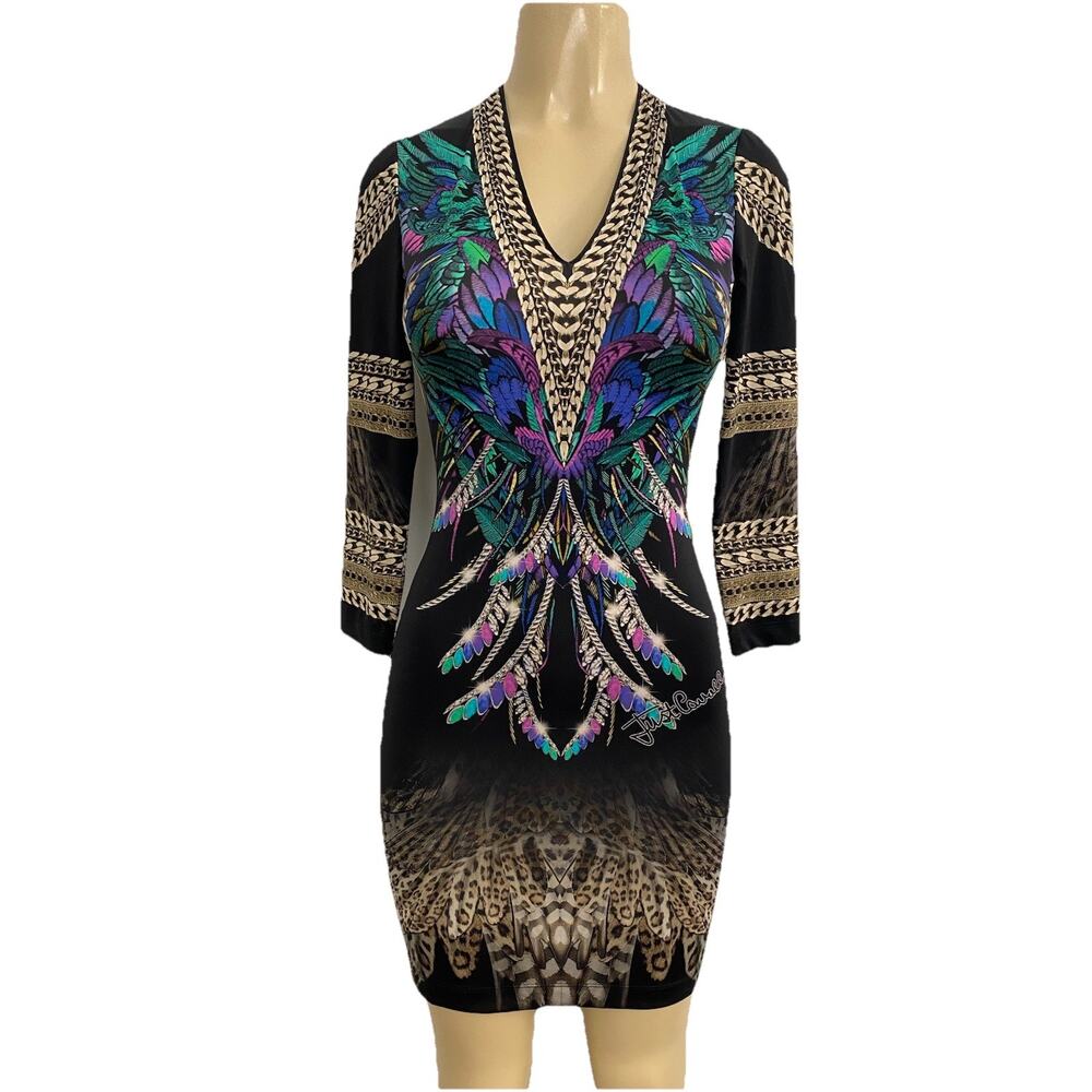Just Cavalli Dress V Neck Sheath Mini Feather Jewel Print 3/4 Sleeve Black 38 S